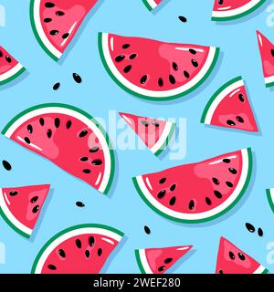 Saftige Wassermelonenscheiben mit nahtlosem Muster. Tropische Sommerfrüchte, Beeren Hintergrund. Helle Vektorzeichnung Stock Vektor