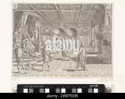 Daniël für König Nebukadnessar, Johannes oder Lucas van Doechum, nach Hans Vredeman de Vries, werden 1643 Druck Daniël und drei weitere junge Israeliten König Nebukadnessar präsentiert. Der König, links auf dem Thron, weist sie an, sie zu lehren, damit sie sich dem König anschließen können. Unter dem zeigen Sie dann einen Verweis auf den Bibeltext in lateinischer Sprache. 1: 3. Amsterdamer Papierätzer Israeliten (meist vier) werden dem Prinzen der Eunuchen vorgeführt, weil König Nebukadnezar sie im Palast erziehen lassen will (Daniel 1) Stockfoto