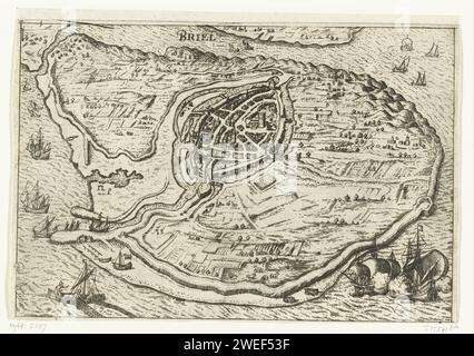 Karte der Insel Voorne und Karte von Brielle, 1572, Anonym, 1609 - 1617 drucken Karte der Insel Voorne mit einer Karte von Brielle Watergeuzen, die am 1. April 1572 in Vogelperspektive aufgenommen wurde. Unten links ein Fischerboot, unter zwei Kriegsschiffen. Druckerei: Low CountriesPublisher: Amsterdampublisher: Calaispublisher: Amsterdampublisher: Utrecht Papierätzkarten von verschiedenen Ländern oder Regionen. Stadtpläne Brielle Stockfoto