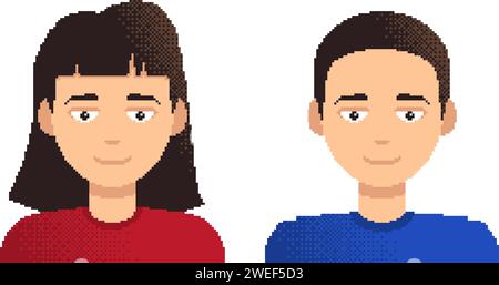 Frauen und Männer Pixel Art Charaktere. Junge und Mädchen Avatar Set, Porträt und Profilbild. Retro-Design im 8-Bit-Design. Isolierter Vektor Stock Vektor