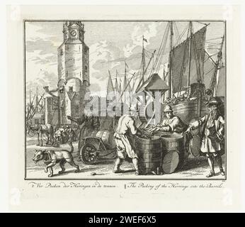 In Tonnen verpackte Stifte, Adolf van der Laan, nach Sieuwert van der Meulen, 1728 - 1761 auf dem Kai drucken, der gefangene Hering wird in Tonnen verpackt und weggenommen. Segeljubel und ein Turm im Hintergrund. Der Druck ist Teil einer 32-teiligen Druckserie mit Darbietungen über den Heringsfang. Amsterdamer Papier zur Meeres- und Küstenfischerei. Holzbehälter: Fass, Fass, Eimer. Knöcherne Fische: Hering Stockfoto
