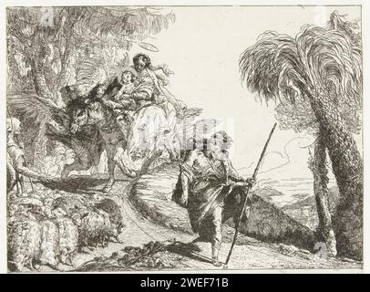 Heilige Familie und Engel passieren Herderin mit Herdenschafen, Giovanni Domenico Tiepolo, Druckpapier aus dem Jahr 1752, das den Flug nach Ägypten und Wunder während der Reise graviert Stockfoto