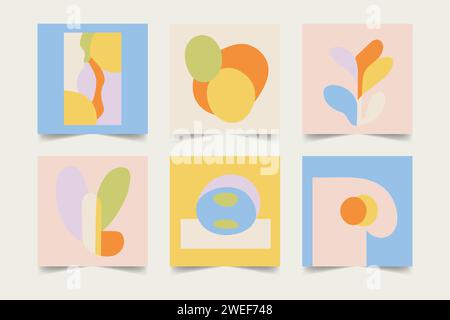 Set aus naiven ästhetischen Hintergründen mit handgezeichneten Formen und Kritzelobjekten. Abstrakte zeitgenössische Kunst, quadratische Vorlagen. Trendiger Vektor Stock Vektor
