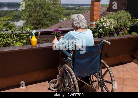 Alte Frau im Rollstuhl Pflanzen Blumen in kleinen Terrassengarten Stockfoto