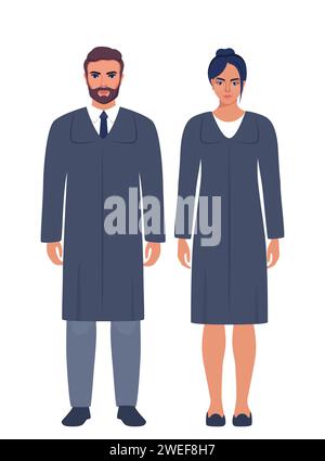 Beurteilt Charaktere. Frau und Mann Rechtsberater, Gerichtsangestellte. Beurteilen Sie männlich und weiblich in schwarzen Gewändern. Vektorabbildung Stock Vektor