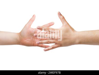 Handschlag von zwei Frauen mit weißem Hintergrund Stockfoto
