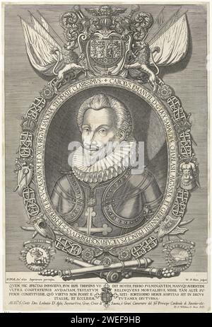 Porträt von Karel Emanuel I., Willem de Haen, 1625 Druck Porträt links von Karel Emanuel I. in einem Harness innerhalb eines Ovals. Um Attribute wie Kabelbaum und Abschirmungen herum. Unter dem Porträt zwei Medaillons und drei liegende Kanonen mit Kanonenkugeln. Über dem Portrait eine Waffe, die von zwei Löwen gehalten wird, flankiert von Fahnen. Unter dem Porträt eine weitere Waffe und ein fünfzeiliger Text in lateinischer Sprache. Ausrüstung und Zubehör für die Papiergravur in Rom. Schusswaffen: Kanone. Waffenlager, Heraldik Stockfoto