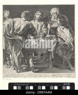 Essen in Emmaus, Willem Isaacsz. Van Swanenburg, nach Peter Paul Rubens, 1611 Druck Christus sitzt mit seinen Schülern am Tisch. Er segnet und bricht das Brot, wodurch seine Schüler ihn erkennen. Rechts gibt eine Frau ein Glas Wein und unter dem Tisch steht ein Hund. Unter der Aufführung befindet sich ein sechszeiliger lateinischer Text mit einer Beschreibung der Szene und einem Lob auf Rubens, in dem er mit Apelles verglichen wird. Druckerei: Leidenpublisher: Amsterdam (möglicherweise) Papier, das das Abendessen bei Emmaus graviert: Christus wird beim Segen oder Brechen des Brotes erkannt. Gemüse (mit NAME). (Familie Stockfoto