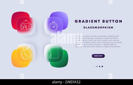 Symbol für Skontopositionen festlegen. Geschenk, Black Friday, Glückwunsch, Verkauf, Gutschein, Stickerei, Kredit, heißer Preis. Glassmorphismus-Stil. Vektorsymbol Stock Vektor