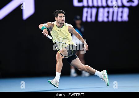 Melbourne, Australie. Januar 2024. Carlos Alcaraz während des Australian Open AO 2024 Grand Slam Tennis Turniers am 24. Januar 2024 im Melbourne Park in Australien. Foto Victor Joly/DPPI Credit: DPPI Media/Alamy Live News Stockfoto