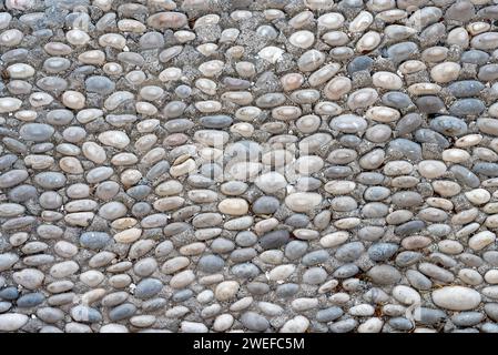 Ordentlich angelegte Kieselsteine auf dem Bürgersteig. Stockfoto