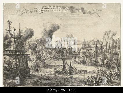 Seeschlacht am Kap La Hogue, 1692, Romeyn de Hooghe (möglich), 1692 Print Seeschlacht am Kap La Hogue, wo die Franzosen unter Admiraal de Tourville von der englischen und holländischen Flotte unter den Admiralen Russel und Almonde besiegt wurden, 29. Mai bis 3. Juni 1692. Ohne Textblatt. Nordniederländische Papierätzschlacht (+ Marinestreitkräfte) Stockfoto