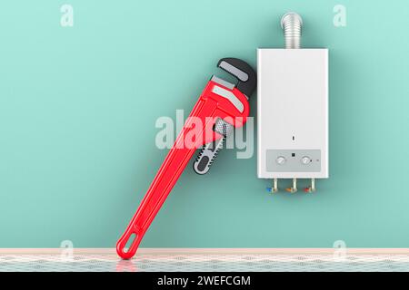 Gas-Wasservorwärmer mit Rohrschlüssel im Innenraum. Reparatur und Service des Gaskessels, Konzept. 3D-Rendering Stockfoto