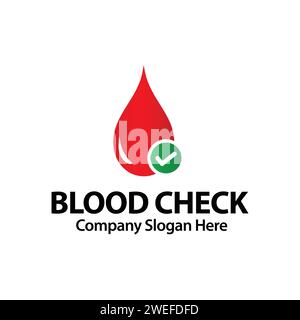 Blutbank-Logo mit rotem Bluttropfen und grünem Häkchen-Zeichen-Template-Illustration. Zugelassene Blutspende Gesundheitskonzept. Hämatologie Medizinische Blutzellen. Stock Vektor