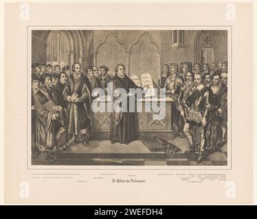 The Helden of Reformation, Anonym, 1800–1899 Print Gruppenporträt im Kircheninnenraum mit den kirchlichen Reformern links und den weltlichen Reformern rechts. Die Linke heißt Johannes Hus, John Wyclif, Gregor Brück, Martin Luther, Paul Eber, Johannes Oecolampadius, Justus Jonas, Johannes Calvijn, Ulrich Zwingli, Johannes Reuchlin, Philipp Melhanchthon, Johann Bugenhagen, Casparer, Andras. Rechts: Caspar Aquila, Ulrich von Hutten, Franz von Sickingen, Herzog Johann Ernst van Sachsen-Coburg, Graf Peter Ernst van Mansfeld, Kurfürst Johann Friedrich der große von Sa Stockfoto