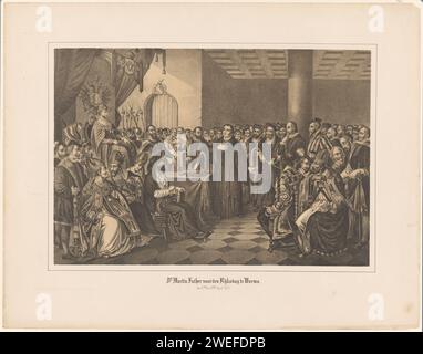 Luther für den Rijksdag in Worms, 1521, Anonym, 1800 - 1899 Druck Luther in der Haltung von 'Ich bin hier, ich kann nicht anders tun', auf dem Rijksdag in Worms, 17-18 April 1521, in der Halle mit links Keizer Karel V. niederländisches Papier protestante Geständnisse Worms Stockfoto