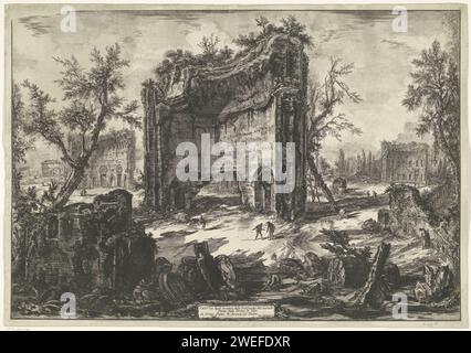 Themense van trajanus te Rome, Giovanni Battista Piranesi, 1748–1778 Print Ansicht der Überreste der Thermen von Trajanus in Rom (genannt Thermen von Titus). Titel und erläuternde Buchstaben auf dem Block in der Mitte. Rom Papierätzung Ruine eines Gebäudes  Architektur. Landschaft mit Ruinen. Öffentliche Bäder Thermen aus Trajanus. Rom Stockfoto