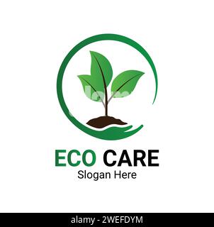 Baum mit Hand and Leaf Eco Care Logo Concept Vector Template Design speichern. Abbildung des Symbols für das Natural Care-Logo. Stock Vektor