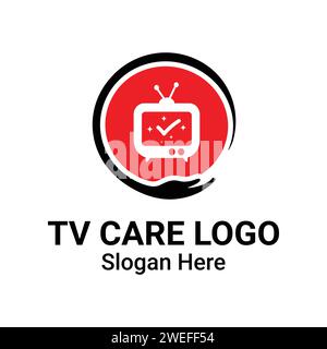 TV-Reparaturservice oder TV Care Logo Konzept mit Hand Illustration Vektor Vorlage. Stock Vektor