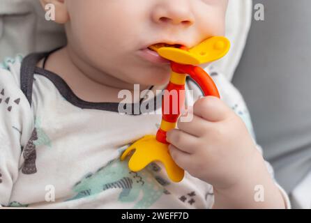 Porträt eines Kindes, das ein mehrfarbiges Spielzeugmassagegerät zum Zahnen bei Kindern beißt. Hilfe beim Zahnen. Zahnfleischjucken und Speichelfluss, Zahnzugang Stockfoto