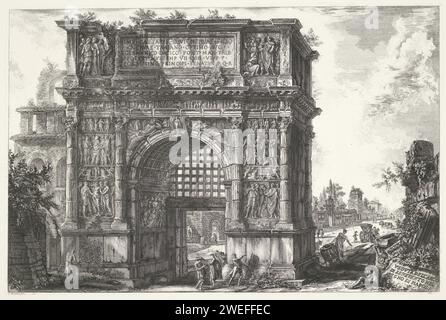 Boog van trajanus Te Benevento, Giovanni Battista Piranesi, 1748 - 1778 Druck Ansicht des Bogens von Trajanus Benevento. Titel auf einem Block unten rechts. Unten nummeriert: 94. Rom-Papierätzung Triumphbogen BOOG von Trajanus. Benevento Stockfoto