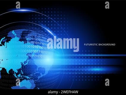 Vektorillustration des blauen futiristischen Hintergrunds mit Planeten Erde und Binärzahlen Stock Vektor