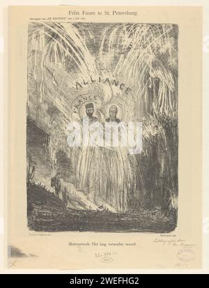 Cartoon über die Russisch-Französische Allianz, Marius Bauer, 1897 Print der französische Präsident Félix Faure wird zusammen mit Zar Nicolaas II. Im Feuerwerk dargestellt. Der Druck wurde als Reaktion auf Faures Besuch in St. Petersburg veröffentlicht. Dieser Druck ist eine Ergänzung der Chronik vom 4. Juli 1897. Amsterdam Papierfeuer, Feuerwerk Sint-Petersburg Stockfoto