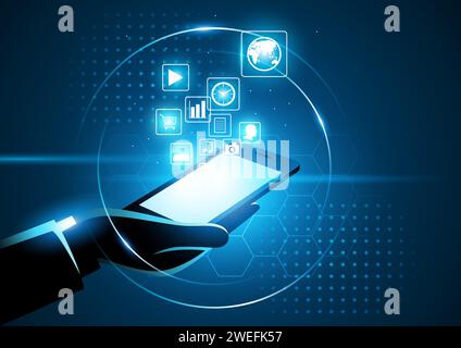 Vektor-Illustration eines Geschäftsmannes Hand hält ein Smartphone, die Welt in Ihrer Hand, modernes, digitales Technologiekonzept Stock Vektor