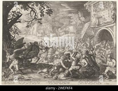 Der Triumph des Todes, Bunchius Adamsz. Zurück, nach David Vinckboons, drucken 1610 allegorische Darstellung. Der Tod schießt seinen Pfeil auf eine bewaffnete Menge von jungen und alten, armen und reichen Männern und Frauen, die von einem Tor kommen. Sie versuchen, sich gegen die Pfeile des Todes zu verteidigen. Mit seiner Sense schlägt die Fatherert Time in wissenschaftlichen Instrumenten wie Globe und Passer, aber auch in Kunstgegenständen vor. Ruhm kann vom Tod verjagt werden. Im Hintergrund schießt der Tod seine Pfeile auf Elefanten und andere Tiere. Unter der Show befindet sich ein lateinischer Vers über diesen Kampf des Todes. Niedrige Länder PA Stockfoto