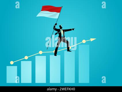 Vektor-Illustration eines Geschäftsmannes, der die Flagge Indonesiens hält und auf steigendem Grafikdiagramm steht Stock Vektor