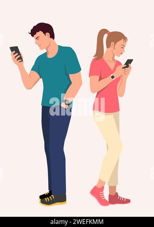 Einfache flache Vektor-Illustration von Mann und Frau chatten, Nachrichten mit ihrem Mobiltelefon senden Stock Vektor