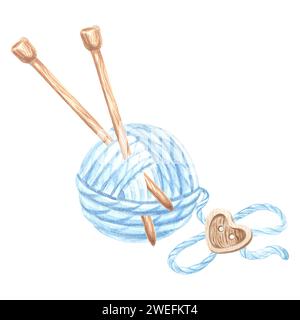 Aquarellstricknadeln in blauem Fadengewirr. Schablone Illustration Stricken Häkelnadel und Nadeln. Isolierte handgezeichnete Abbildung für c Stockfoto