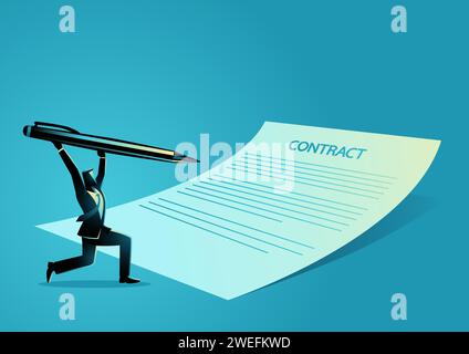 Geschäftskonzept Vektor-Illustration des Geschäftsmannes mit riesiger Feder und Papier, die einen Vertrag unterzeichnen Stock Vektor