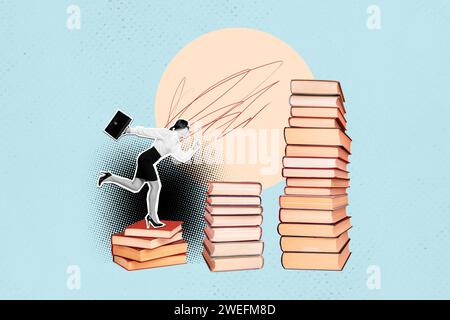 Horizontale Fotocollage aus schwarzen, weißen Miniaturfarben Frau hält Aktentasche, die große Stapel von Büchern als Treppen auf kreativem Hintergrund laufen lässt Stockfoto