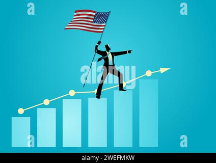 Vektor-Illustration eines Geschäftsmannes, der die Flagge der USA hält und auf einem zunehmenden Grafikdiagramm steht Stock Vektor