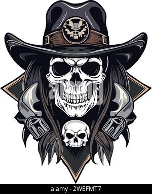 Cowboyschädel mit Hut, einem kleineren Schädel und zwei Seitengewehren. Stock Vektor
