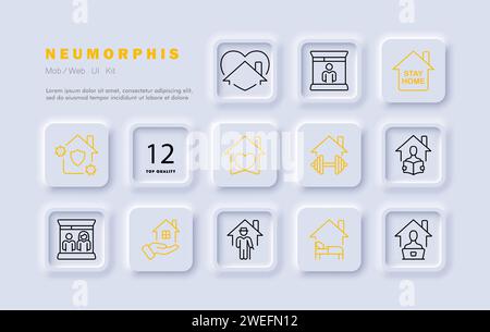 Symbolgruppe „HOME-Leitung bleiben“. Krankheit, Bakterien, Computer, Epidemie, Antivirus, Krankenhaus, Infektion, Medizin. Neomorphismusstil. Vektorsymbol für Unternehmen Stock Vektor
