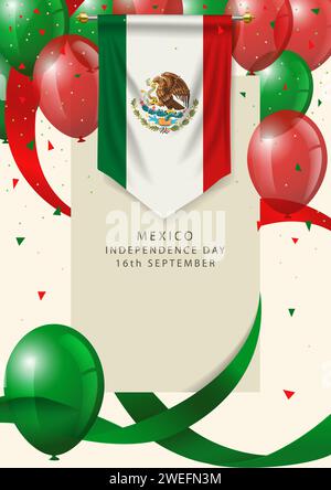 Mexikanisches Abzeichen mit dekorativen Ballons und Bändern, Grußkarte „Mexico Happy Independence Day“ Stock Vektor