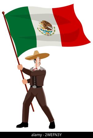 Einfache flache Vektor-Illustration des mexikanischen Mannes in Sombrero und traditioneller Tracht, die die Flagge von Mexiko hält Stock Vektor