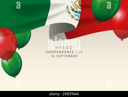 Mexikanisches Abzeichen mit dekorativen Ballons, Grußkarte zum Mexico Happy Independence Day Stock Vektor