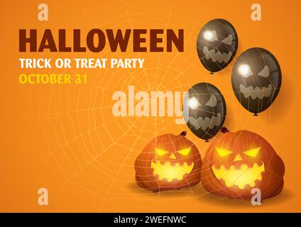 Happy Halloween party invitation with decorative balloons, pumpkins and spider web Stock Vektor