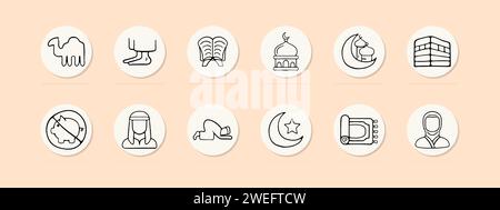 Symbol für „Islam Set Line“. Religion, glaube, Koran, Moschee, Prophet, Muslime, Gebet, Scharia. Pastellfarbe Hintergrund Vektor-Symbol für Geschäft und Werbung Stock Vektor