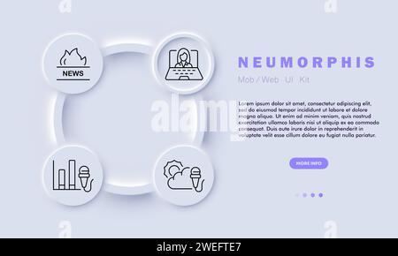 Zeilensymbol für Nachrichten festlegen. Zeitplan, Mikrofon, Reporter, Laptop, Clouds, Sonne. Neomorphismusstil. Vektorsymbol für Unternehmen und Werbung Stock Vektor