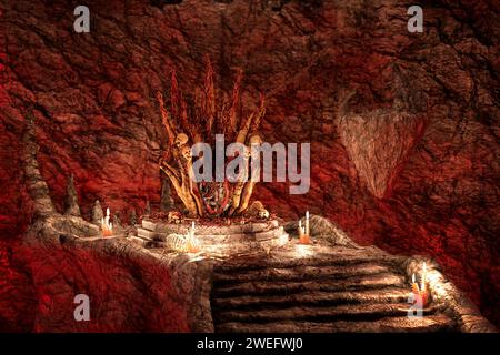 Dämon- oder Teufelshöhle aus Holzdornen, umgeben von Knochen in einer unterirdischen Höhle. Hell Concept 3D-Illustration. Stockfoto