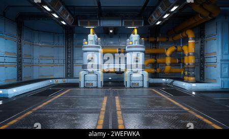 Große futuristische Sci-fi-Raumstation im Hangar-Innenraum. 3D-Rendering. Stockfoto