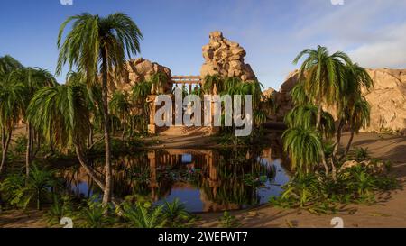 Fantasy alten ägyptischen Tempel mit Refelktionen in einem See einer Oase in einer Wüstenlandschaft. 3D-Rendering. Stockfoto
