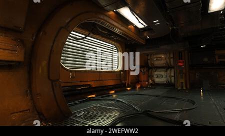 Dunkle grungy unterirdische Sci-fi-Industrieumgebung in einer Fantasy-dystopischen Zukunft. 3D-Rendering. Stockfoto