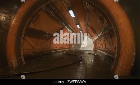 Dunkler grungiger unterirdischer Tunnel in einem Fantasy-dystopischen zukünftigen Industriebau. 3D-Abbildung. Stockfoto