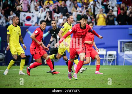 Doha, Katar, 25. Januar 2024, AFC Asian Cup Katar 2023 Gruppe E - Südkorea 3:3 Malaysia, Joeng Woo-yeong und Son Heung-min Ergebnis für Südkorea, Faisal Halim Arif, Aiman Hanapi, Romel Morales Ergebnis für Malaysia. Stockfoto