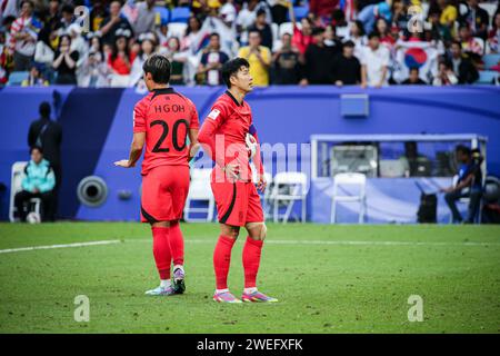 Doha, Katar, 25. Januar 2024, AFC Asian Cup Katar 2023 Gruppe E - Südkorea 3:3 Malaysia, Joeng Woo-yeong und Son Heung-min Ergebnis für Südkorea, Faisal Halim Arif, Aiman Hanapi, Romel Morales Ergebnis für Malaysia. Stockfoto